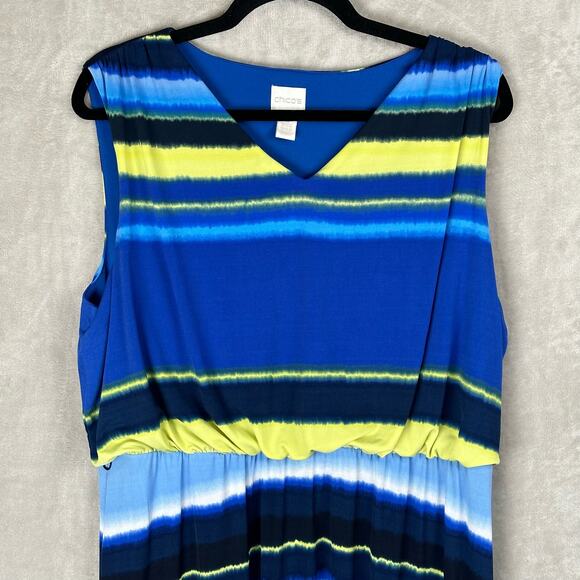 Chicos Dress Women 3 (XL) Blue Striped Sleeveless Blouson Midi Casual Beach Boho - Picture 3 of 13